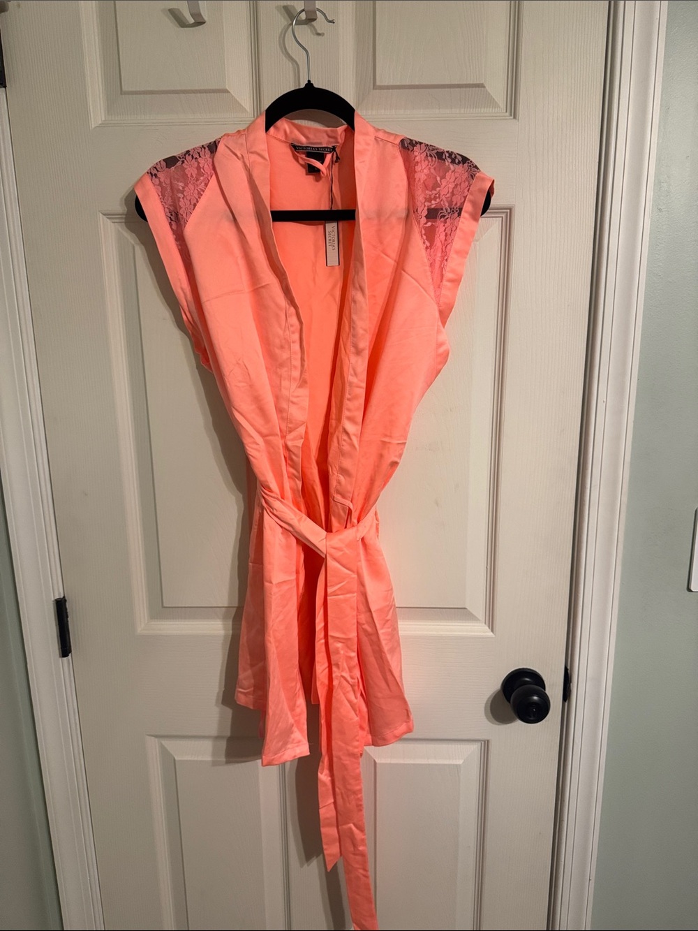 Victoria's Secret Coral Satin Robe with Lace Shoulders